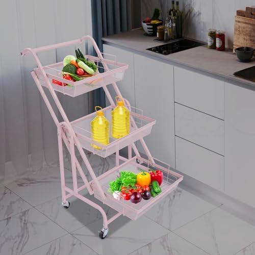 3 Tier Foldable Rolling Cart, Metal Rolling Utility Cart Adjustable Movable Storage Organizer with Wheels for Living Room, Kitchen, Bathroom Bedroom and Office, Pink (Pink) - Image 3