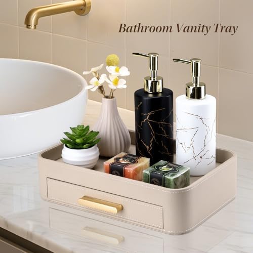 GORESE Valet Jewelry Tray Nightstand Organizer with Drawer, PU Leather Perfume Tray Trinket Trays for Vanity Bathroom Entryway, Catchall Trays for Key Purse Watch Cologne, Gift for Women Men, Beige - Image 6