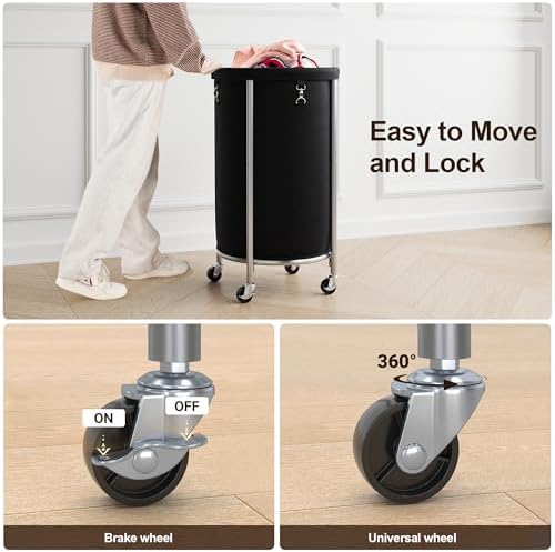 ELYKEN Laundry Basket with Wheels, Round Rolling Laundry Hamper, Black - Image 4