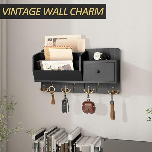 Rebee Vision Key Holder Wall Mount with 7 Key Hooks and Drawer, Black - Image 5
