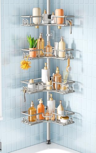HAMITOR Corner Shower Shelves, 4-Tier Metal Tension Pole Caddy, Silver Gray by HAMITOR