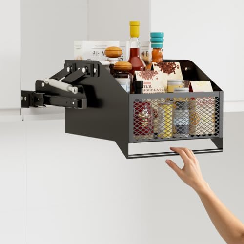 HOUSE AGAIN Pull-Down Cabinet Organizer for High/Deep Cabinets, Drop Down Spice Rack, 12.6" Out & 1.8" Down, 1 Tier, Dual Install (Screw/3M Tape), Fits Frameless, for Spices, Snacks and Small Bottles by HOUSEAGAIN