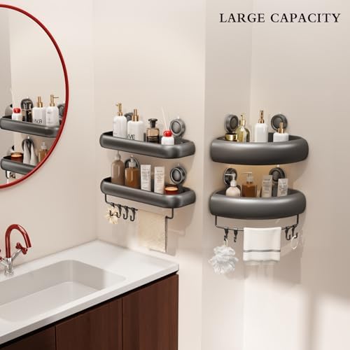 CICUFY Shower Caddy Suction Cup, 2 Pack No Drilling Corner Shower Shelves, Rust Proof Bathroom Storage Organizer, Shower Corner Caddy with Removable Hooks and Towel Bar, Triangle, Grey - Image 3