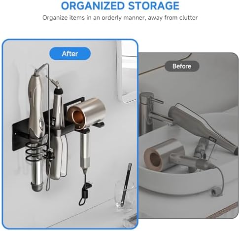 Hair Dryer Holder Wall Mounted,Blow Dryer, Curling Iron, Straightener Holder 3 in 1 Bathroom Metal Hair Tool Organizer Rack-BLACK-2 - Image 4