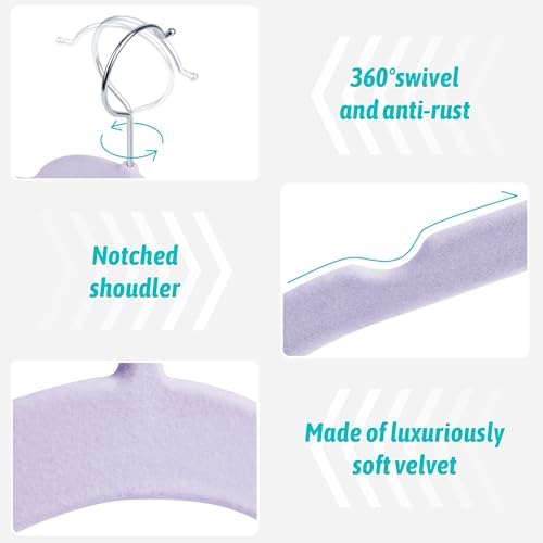 Sishynio Velvet Hangers 30 Pack, Non-Slip Slim Felt Clothes Hangers Purple | Space-Saving Closet Organization; Flocked Surface; 360° Swivel Hooks; For Shirts, Coats, Dresses, Blouses - Image 2