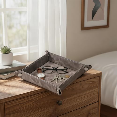 Valet Tray Desktop Storage Organizer – Vegan Leather Catchall Bedside Vanity Tray Nightstand Caddy Holder for Remote Controller, Watch, Keys, Phone, Wallet, Coin, Jewelry, Stone Gray Brown - Image 6
