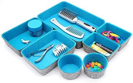 Welaxy Drawer organizers bins felt tray desk storage bins dividers small organizing box for office supplies closet cabinet makeup holder Fall room decor 7-piece (Turquoise) - Image 5
