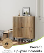 Shoe Storage Cabinet, Fluted Shoe Cabinet Storage for Entryway, Hidden Shoe Cabinet with Metal Legs,Shoe Organizer Cabinet with Flip Doors, Slim Entryway Shoe Storage Cabinet, Natural Wood-31.5in - Image 4