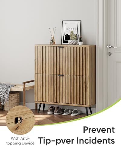 Shoe Storage Cabinet, Fluted Shoe Cabinet Storage for Entryway, Hidden Shoe Cabinet with Metal Legs,Shoe Organizer Cabinet with Flip Doors, Slim Entryway Shoe Storage Cabinet, Natural Wood-31.5in - Image 4