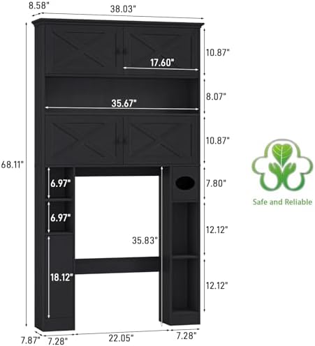 Over The Toilet Storage Cabinet, Farmhouse Storage with Doors, Rustic Black - Image 2