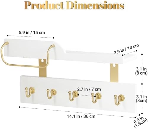 Tirzah Key Holder Wall Mount 2-Tier Real Wood White Entryway Organizer Floating Shelf with 5 Gold Metal Hooks, Sunglasses Holder Bar, Guard Rail for Keys, Mails, Hats (14" × 6" × 4") - Image 4