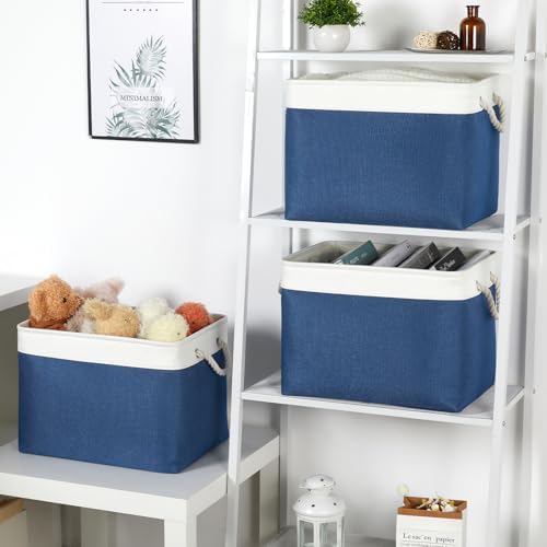 Bidtakay Large Storage Baskets for Shelves 3 Pack Fabric Storage Bins for Organizing Navy Blue Decorative Baskets Linen Collapsible Organizer for Closet - Image 3