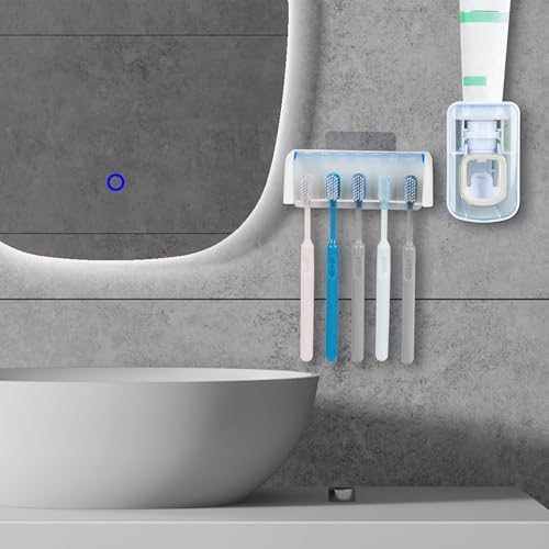 5 Slots Wall Mount Toothbrush Holder with Cover, Self Adhesive Toothbrush Storage Organizer for Shower, Toothbrush Hanger with Automatic Toothpaste Squeezer Dispenser(White + Blue) - Image 4
