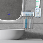 5 Slots Wall Mount Toothbrush Holder with Cover, Self Adhesive Toothbrush Storage Organizer for Shower, Toothbrush Hanger with Automatic Toothpaste Squeezer Dispenser(White + Blue) - Image 4