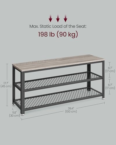 VASAGLE 3-Tier Shoe Rack, Storage Bench with Metal Mesh Shelves and Seat - Image 3