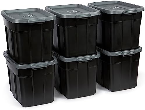 Rubbermaid Roughneck Tote Durable 18 Gallon Stackable Plastic Storage Containers with Lids and Easy Carry Handles, Pack of 6, Black/Cool Gray by Unknown