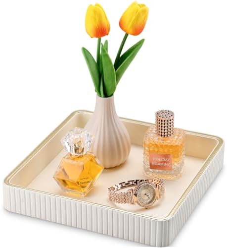 GORESE Square Nightstand Tray Perfume Organizer, Leather Decorative Tray, Purse Bowl Catch All Trays for Trinket Keys, Valet Jewelry Trays for Vanity, Gift for Women & Men, Cream White(9.3'' × 9.3'') by GORESE
