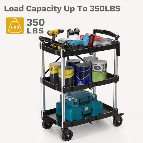 DWVO 3-Tier Foldable Service Cart with Swivel Wheels & Brake, 350LBS - Image 3