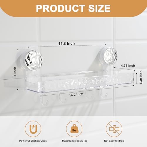 Shower Caddy Suction Cup, Wall Mounted Suction Shower Rack Organizer, No Drilling Clear Shelf Basket with 4 Movable Hooks, Bathroom Storage Rack Suitable for Smooth Walls - Image 3