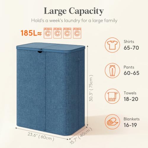 Lifewit 185L 3 Section Laundry Hamper with Lid, Laundry Basket, Dark Blue - Image 2