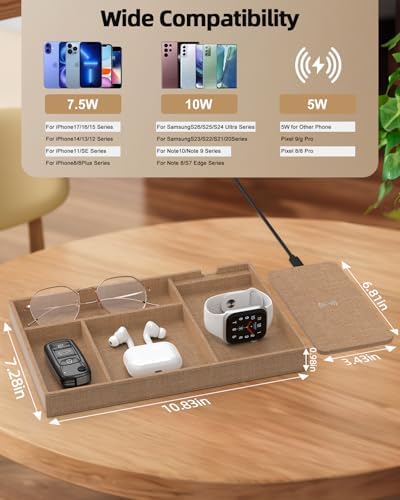 Valet Tray with Wireless Charger, Nightstand Organizer & Catchall Tray for Phone, Keys, Glasses and Accessories, Premium Linen, Stylish Desk & Bedside Storage Station - Image 2