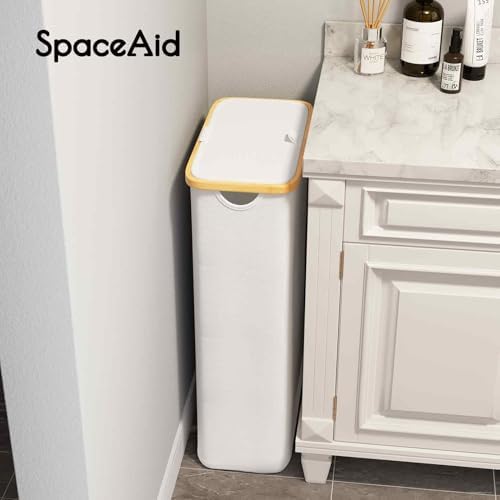 SpaceAid Slim Laundry Hamper with Lid, 65L Narrow Clothes Basket Bin with Bamboo Handles, Skinny Tall Collapsible Hamper for Bedroom, Bathroom, Dorm, Laundry Room - White - Image 7
