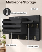 Key Holder Wall Mount with Mail Organizer, 16" L x 5" W x 9.1" H Oversized Keys Hanger Rack with Shelf and 7 Hooks, Wood Wall Organizer for Wallet, Dog Lesh (Black) - Image 4