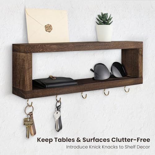Lwenki Wall Shelf with Hooks - Decorative Key and Wallet Holder for Wall Holds Sunglasses, Leashes, Scarves and Lanyards - 15.7" x 5.1" x 2.9" Entryway Organizer Made of Paulownia Wood (Brown) - Image 5