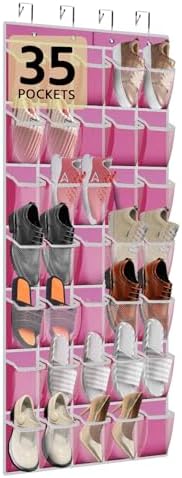 PAULONE 35 Pocket Over the Door Shoe Organizer,Reusable Breathable Large Mesh Bag Men's & Women's Sneaker Organizer,Shoe Organizer for Kids,Hanging Shoe Storage Hanging Bag (Pink) by Unknown