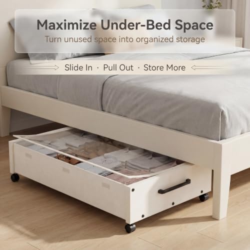 KITHELP Wooden Under Bed Storage with Wheels, Rolling Under the Bed Storage Bins with Removable Lid, Metal Under Bed Drawers for Clothes and Shoes in Bedroom or Living Room (White-2pack) - Image 6