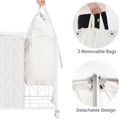 WOWLIVE Double Laundry Hamper with Lid, Rolling Laundry Basket with Wheels - Image 5