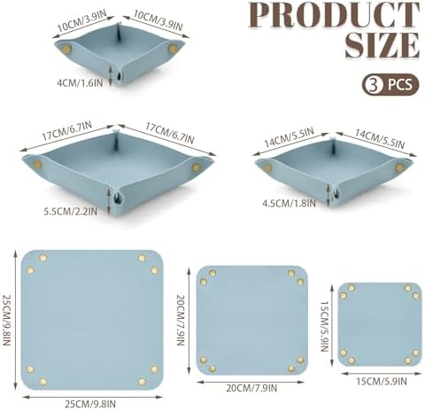 3 Pack Leather Valet Tray, 3 Sizes Catchall Tray Desk Organizer for Key Jewelry Trinket Watch Perfume Coin, for Entryway Table Nightstand Dresser Vanity Travel, Blue - Image 2