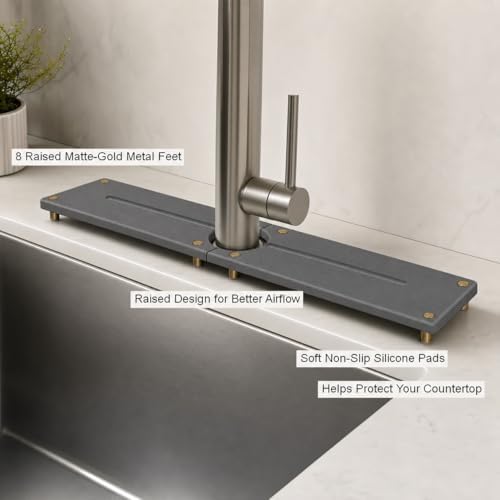 2PCS Stone Faucet Mat for Kitchen Sink, Water Absorbing Sink Tray Organizer for Bathroom Counter, Diatomite Soap Dish Coaster Caddy Riser, Sponge Holder Dispenser Mat, Dark Gray, 23.6" x 4", 1 Set - Image 4