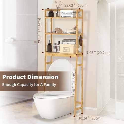 BAMBANG Over-the-Toilet Storage Shelf, 3-Tier Freestanding Bathroom Shelves with Adjustable Shelf Height and 3 Hooks, Space-Saving Organizer Rack Above Toilet, Bamboo Natural - Image 2