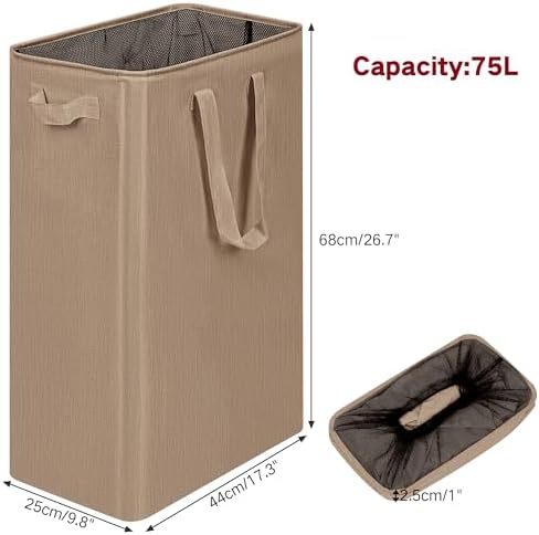 efluky Slim Laundry Basket, Narrow Laundry Hamper with Handles, Collapsible Dirty Clothes Hamper, Tall Laundry Bin for Laundry Room, Dorm and Bedroom, 19.8 Gallon (75L) Flax Brown - Image 2