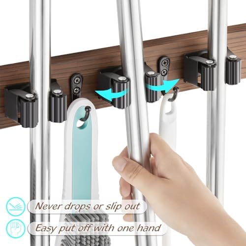 OUTNILI Mop and Broom Holder Wall Mount - Wood Broom Mop Hanger - Wall Mounted Garden Tool Rack Organizer for Closet Garage Laundry Room for Rustic Kitchen Decor With 5 Slots & 4 Hooks - Image 3