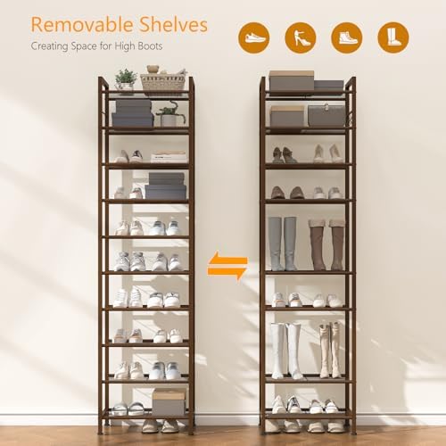 usikey 10 Tiers Narrow Shoe Rack 20-30 Pairs, Sturdy Metal Tall Shoe Rack Shelf with 4 Hooks, Slim Shoe Storage with Metal Shelf, Space Saving Vertical Shoe Organizer for Closet Entryway, Bronze - Image 6