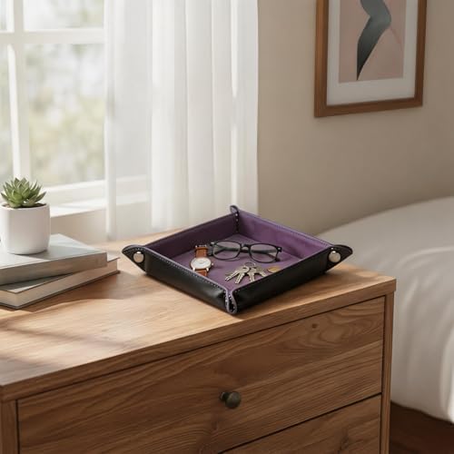 Valet Tray Desktop Storage Organizer – Vegan Leather Catchall Tray Bedside Vanity Tray Nightstand Caddy Holder for Remote Controller, Watch, Keys, Phone, Wallet, Coin, Jewelry, Purple - Image 6