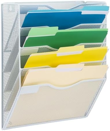 EASEPRES 5 Pocket Mesh Hanging Wall File Organizer, Wall Mounted Mail Paper Document Folder Holder, Clipboard Storage Organization Magazine Rack with Nametag Label for Office Home School, White by EASEPRES