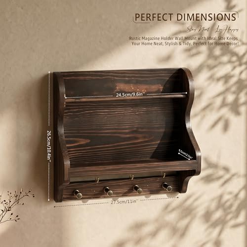 Pine Wood Mail Organizer Wall Mount with 7 Hooks Entryway, Vintage Brown - Image 2