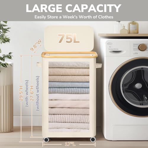 Goodpick 75L Slim Rolling Laundry Basket with Wheels and Lid, Beige - Image 3