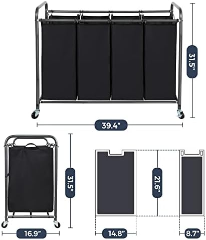 STO STO Laundry Sorter 4 Section, 4 Bag Clothes Hamper, Rolling Laundry Cart Basket with Heavy Duty Lockable Wheels and Removable Bag for Laundry Room, Bedroom, Closet, Black - Image 6