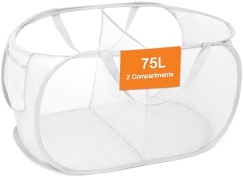 Durable Collapsible Foldable Mesh Pop Up Laundry Basket, 2 Compartments Easy to Carry & Sort Clothes Hampers for Home, Dorm, Travel White by Bemkoo