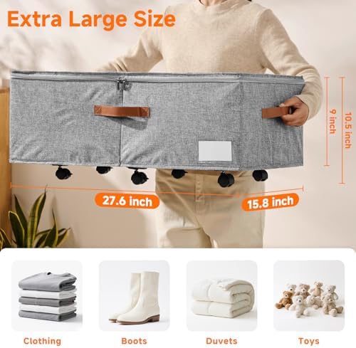 60L Large Under Bed Storage with Wheels Pack of 2, Underbed Shoe Container Bin with Clear Lid Cover, 10.5 Inches Rolling Under Bed Drawer Storage Bag Basket for Boots Quilt Sweater - Grey - Image 2