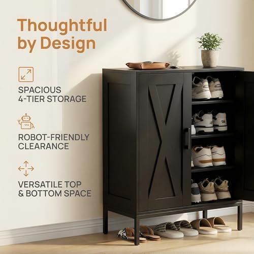 Homleke Farmhouse Shoe Cabinet with 2 Barn Doors & Metal Legs - Image 4