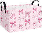 Rectangular Collapsible Laundry Basket with Side Handles, Pink Bow by QUEENLALA