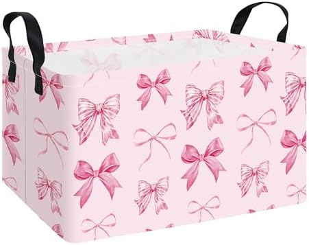 Rectangular Collapsible Laundry Basket with Side Handles, Pink Bow by QUEENLALA