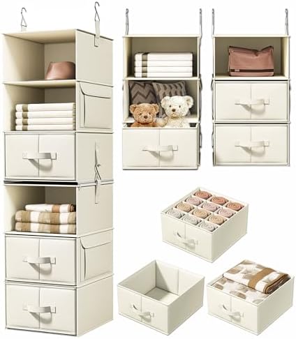 6-Shelf Hanging Closet Organizer with 3 Drawers, 2-in-1 Design, Beige | Converts into Two 3-Shelf Organizers, Foldable Drawers, Side Pockets, Ideal for Wardrobe, Nursery, Dorm & Closet Storage by Vailando