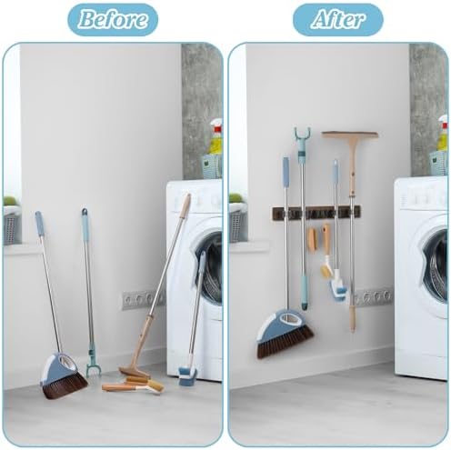 Brown Broom Holder Wall Mount - Heavy Duty Wood Mop and Broom Organizer with 5 Slots & 4 Hooks - Rustic Garden Tool Hanger for Laundry Room Closet Kitchen Garage Storage and Organization - Image 4