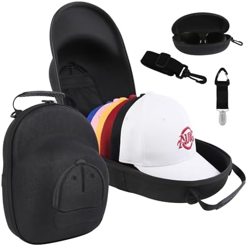Hat Travel Case, Hard Hat Carrier Organizer with Clip & Glasses Storage, Holds 6 Baseball Caps for Home/Travel - Black by Anguu
